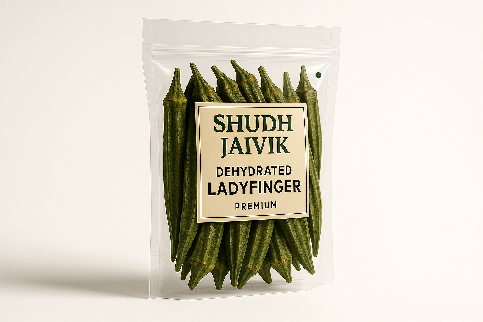 45-degree angled perspective view of Shudh Jaivik Dehydrated Ladyfinger with soft shadow