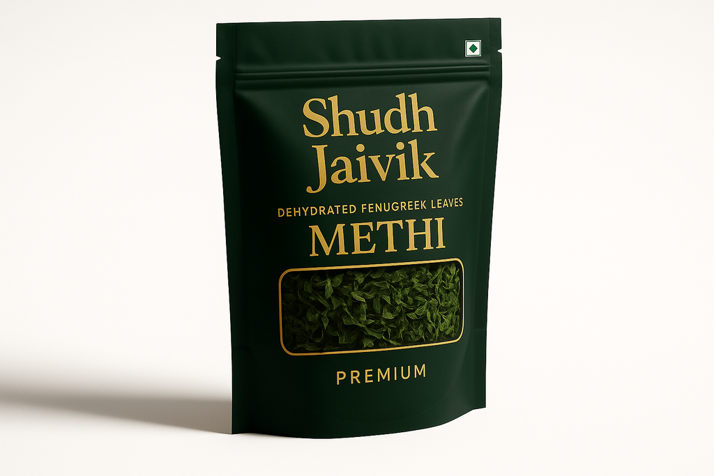 45-degree angled view of Shudh Jaivik Dehydrated Fenugreek Leaves
