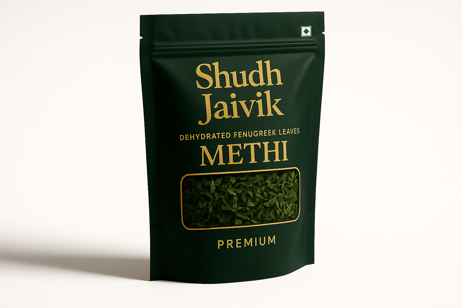 45-degree angled view of Shudh Jaivik Dehydrated Fenugreek Leaves