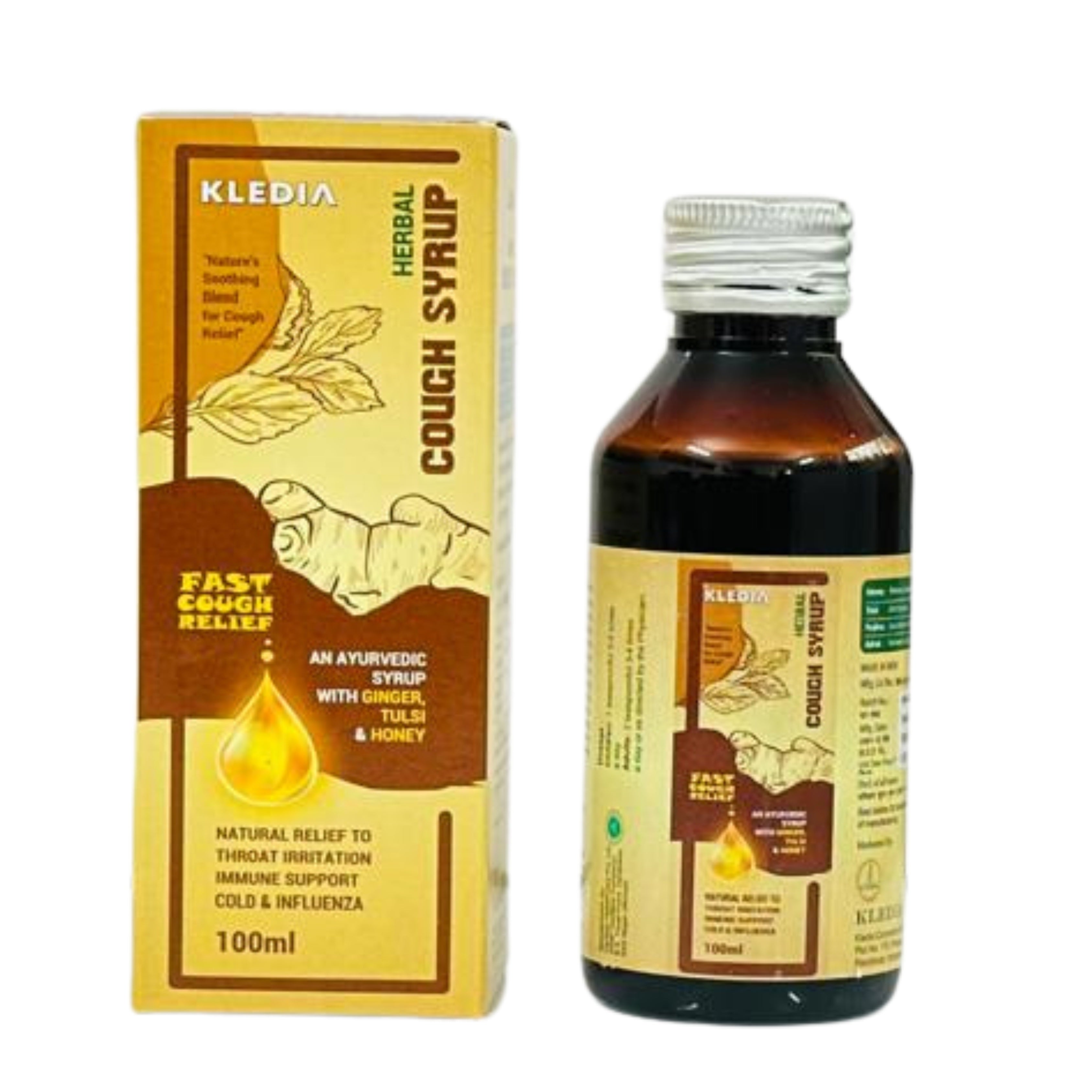 KLEDIA Herbal Cough Syrup - Fast Acting Relief with Ginger, Tulsi & Honey (100ml)
