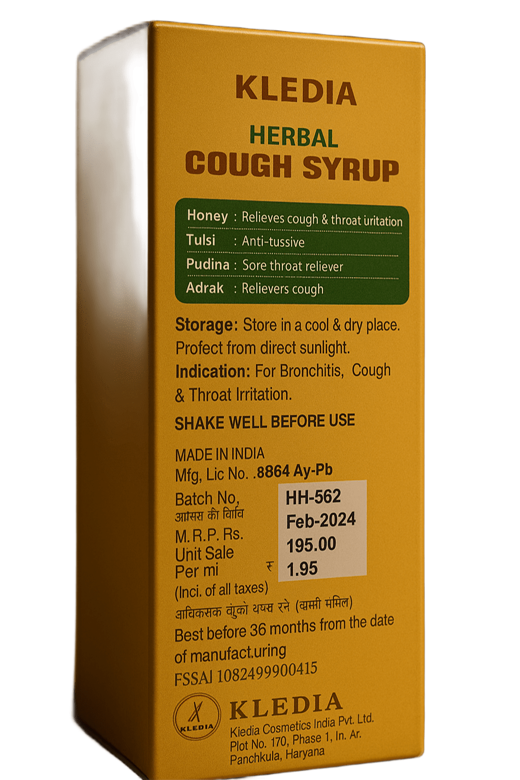 KLEDIA Herbal Cough Syrup - Fast Acting Relief with Ginger, Tulsi & Honey (100ml)