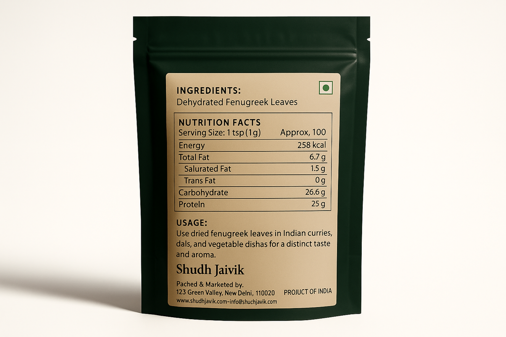 Back label view of Shudh Jaivik Dehydrated Fenugreek Leaves