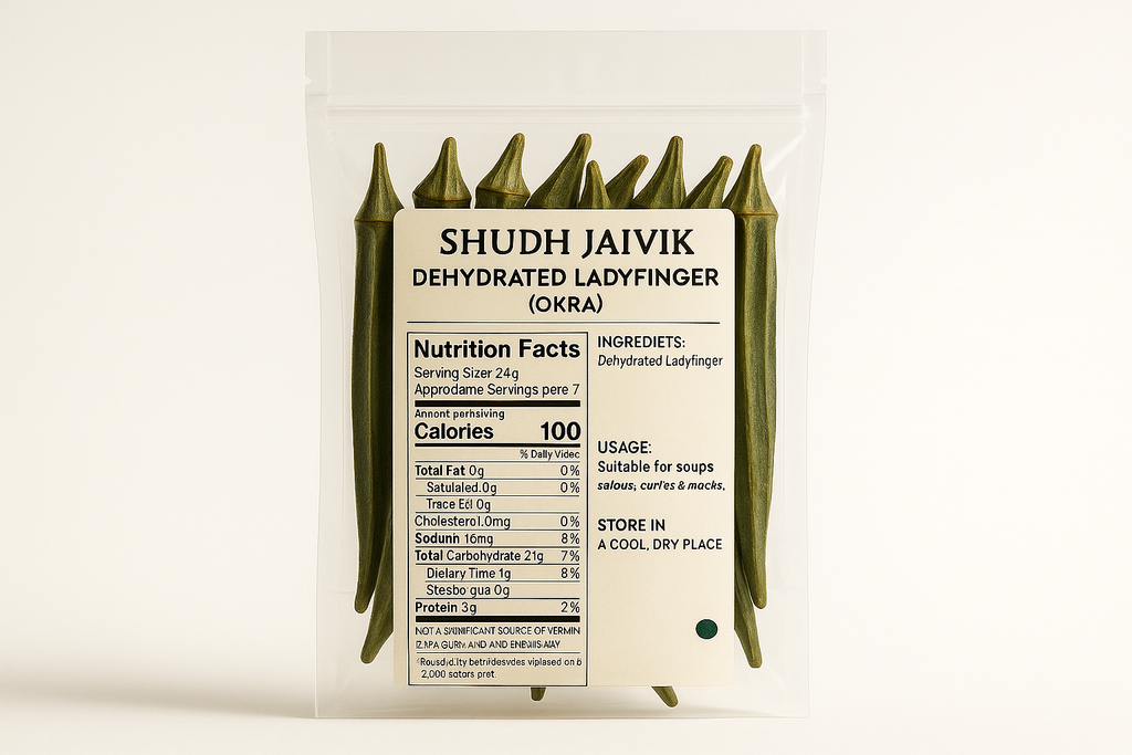 Back label view of Shudh Jaivik Dehydrated Ladyfinger showing ingredients and nutritional information