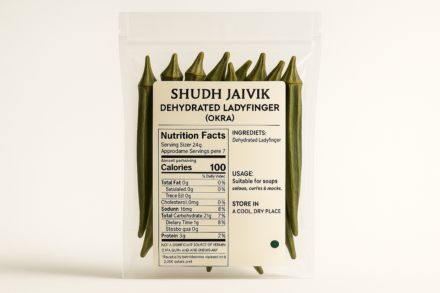 Back label view of Shudh Jaivik Dehydrated Ladyfinger showing ingredients and nutritional information