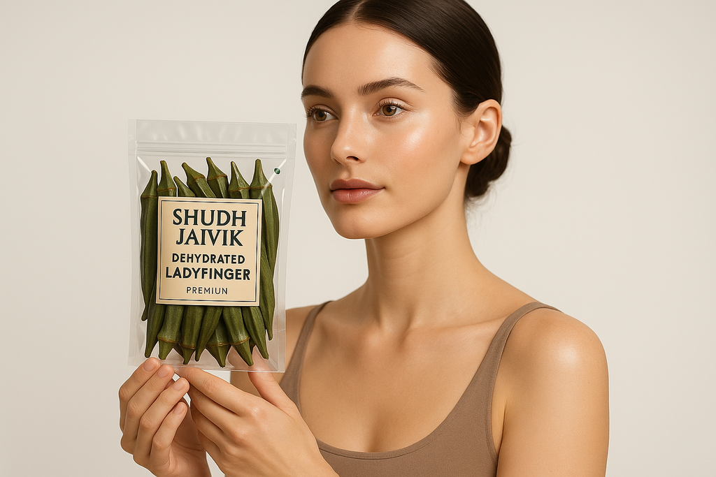 Beautiful model gracefully holding Shudh Jaivik Dehydrated Ladyfinger in cinematic studio setup