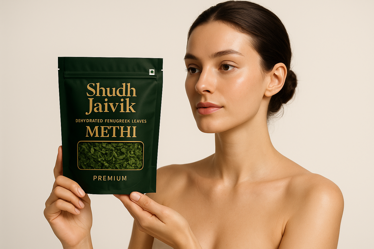 Beautiful model holding Shudh Jaivik product in cinematic studio setup