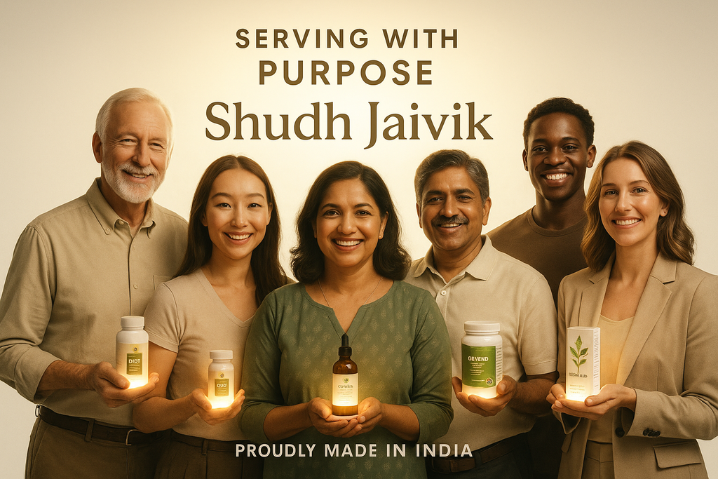 Cinematic 3D advertisement showing diverse people with Shudh Jaivik products and "Serving with Purpose" message