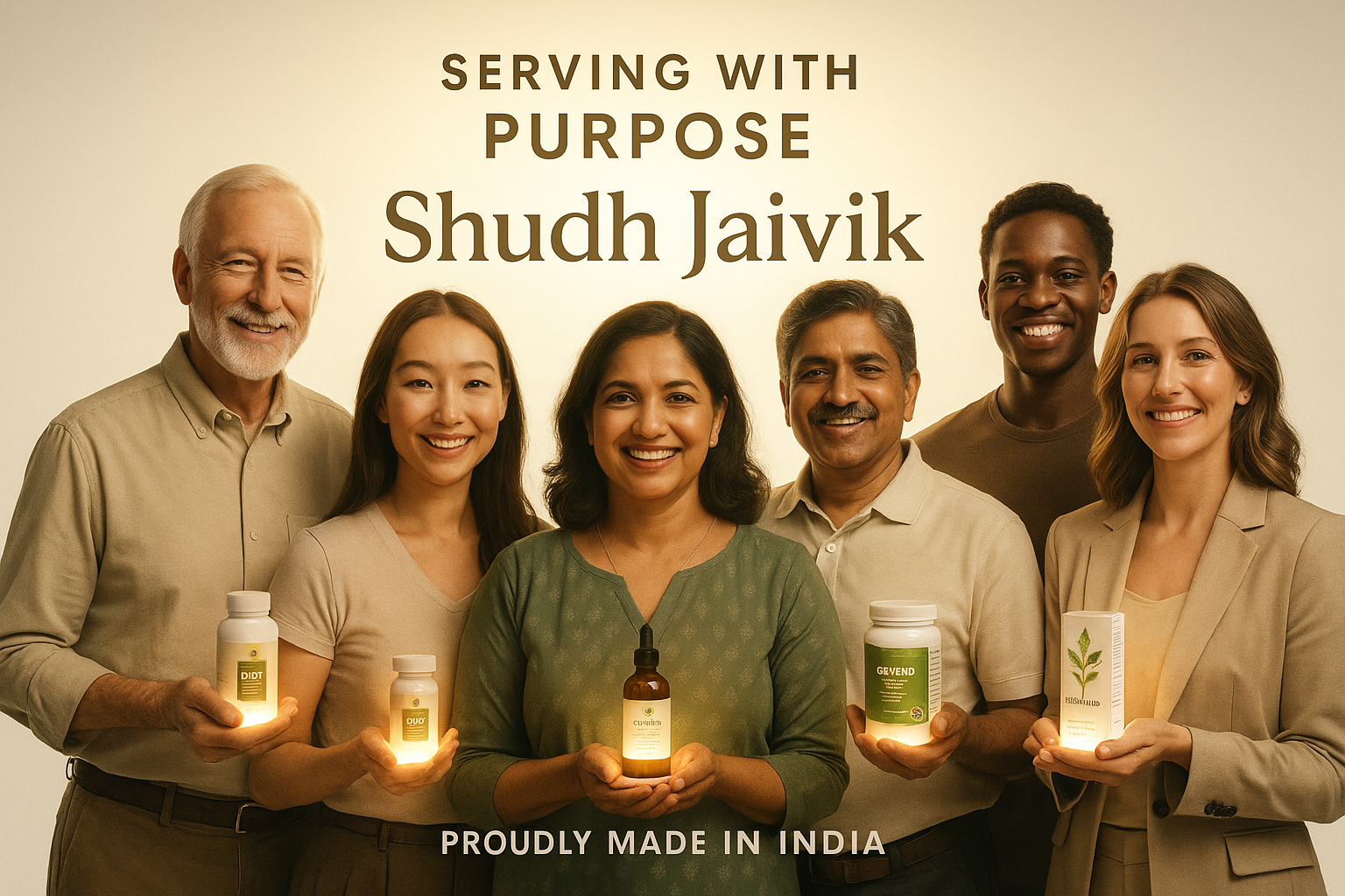 Cinematic 3D advertisement showing diverse people with Shudh Jaivik products and "Serving with Purpose" message