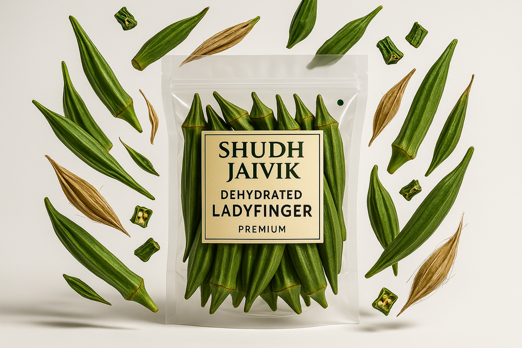 Creative composition of Shudh Jaivik Dehydrated Ladyfinger surrounded by floating natural okra ingredients