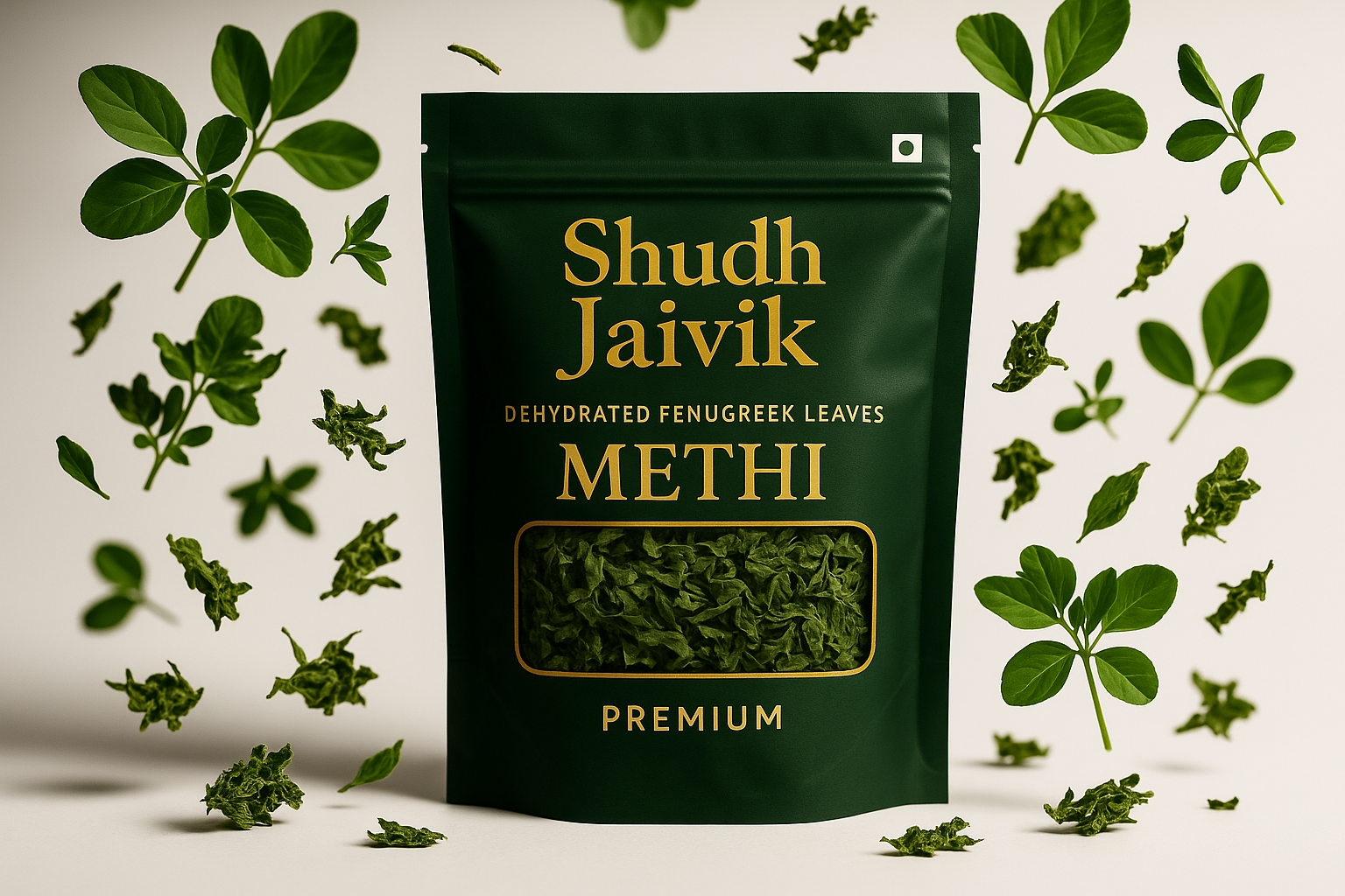 Creative composition with floating natural fenugreek ingredients