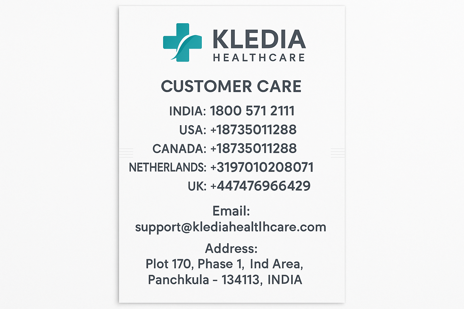 KLEDIA Healthcare Customer Care Information