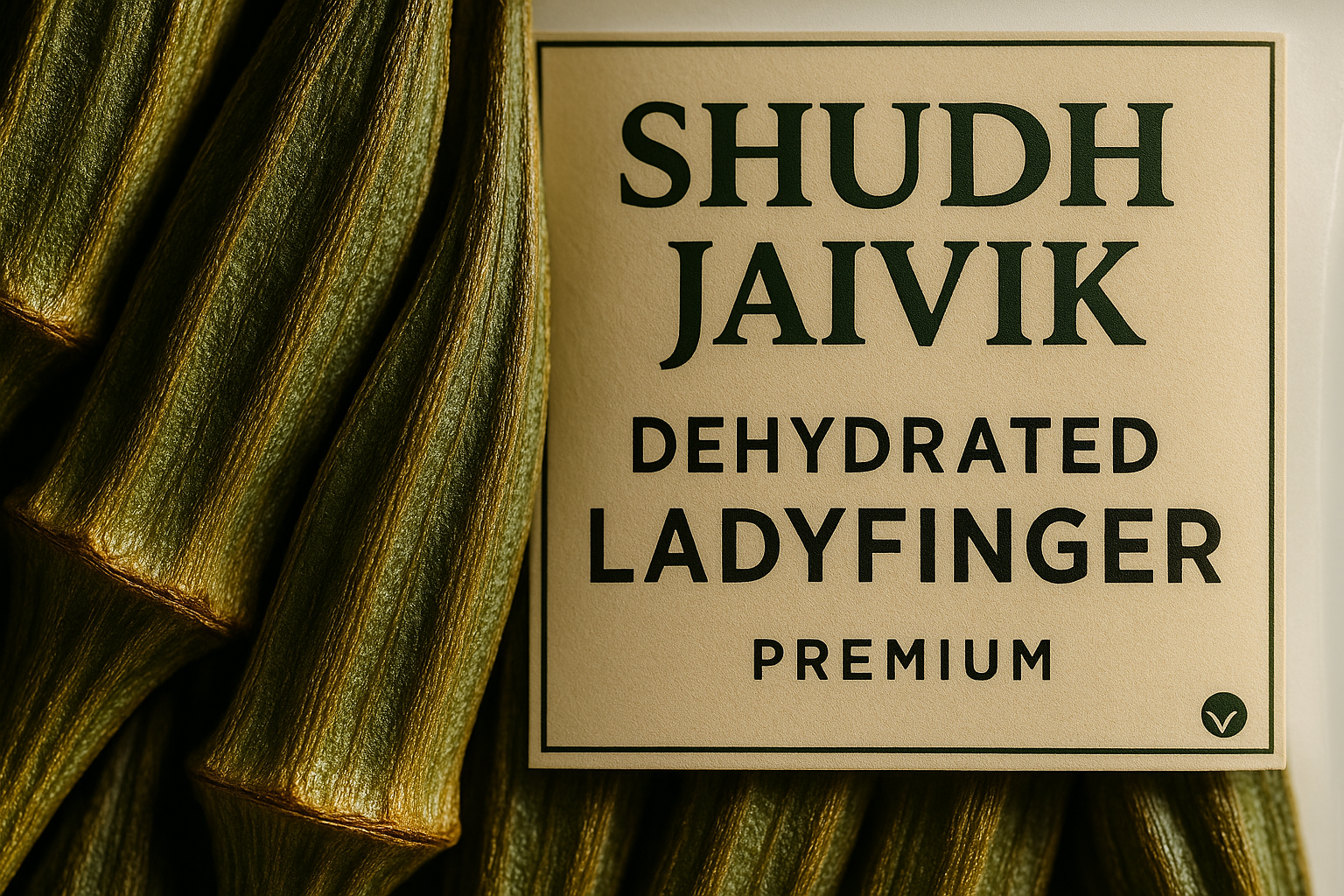 Macro close-up of dehydrated okra texture beside Shudh Jaivik packaging