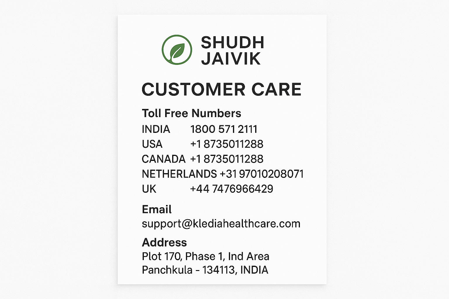 Shudh Jaivik - Customer Care Contact Details