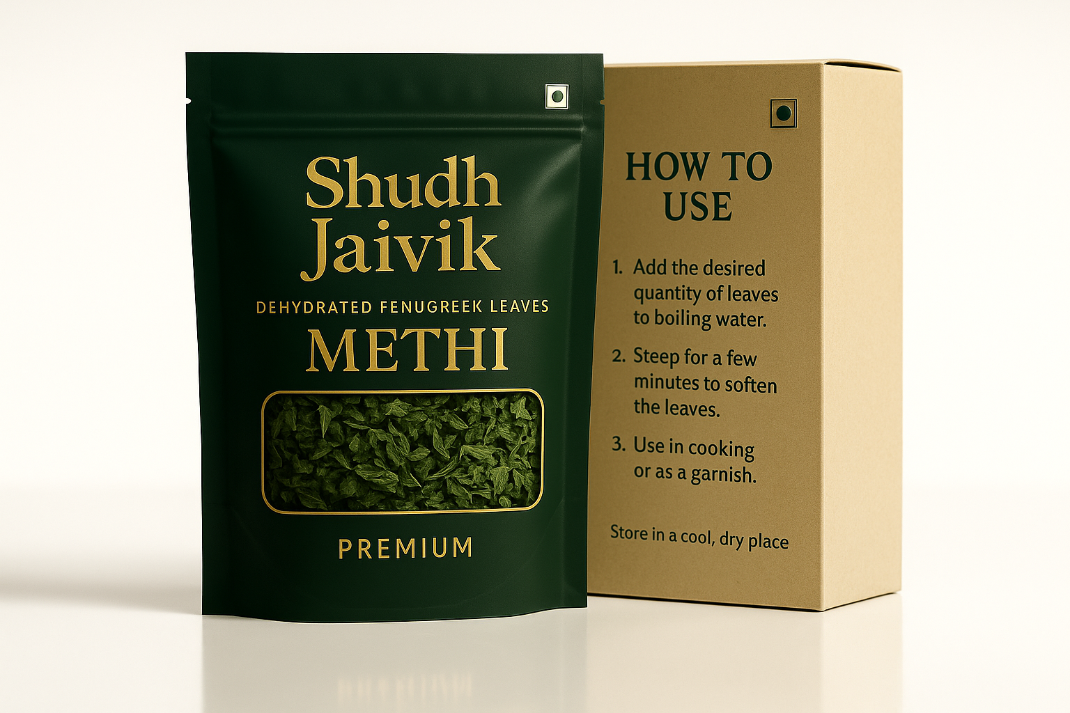 Shudh Jaivik Dehydrated Fenugreek Leaves with packaging carton