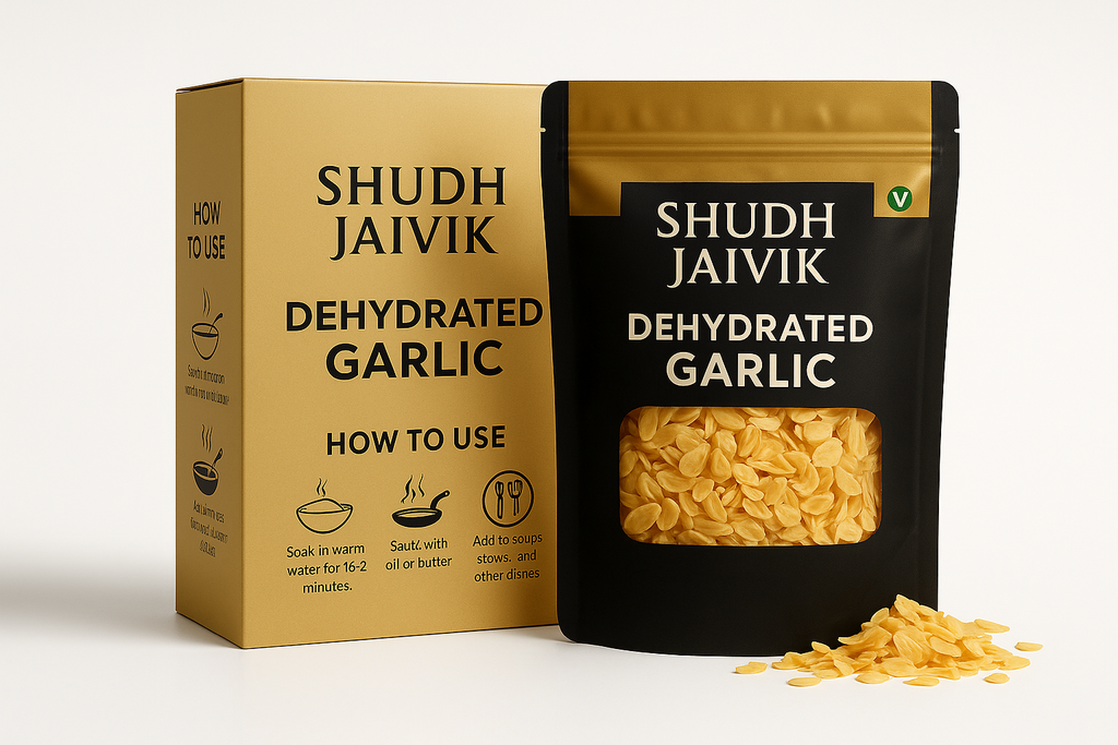Shudh Jaivik Dehydrated Garlic - Product with Packaging Box