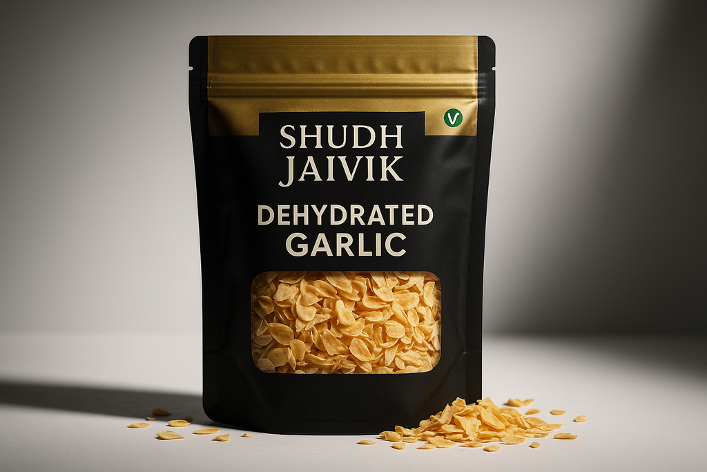Shudh Jaivik Dehydrated Garlic - Ultra-realistic 3D Cinematic Product Photo