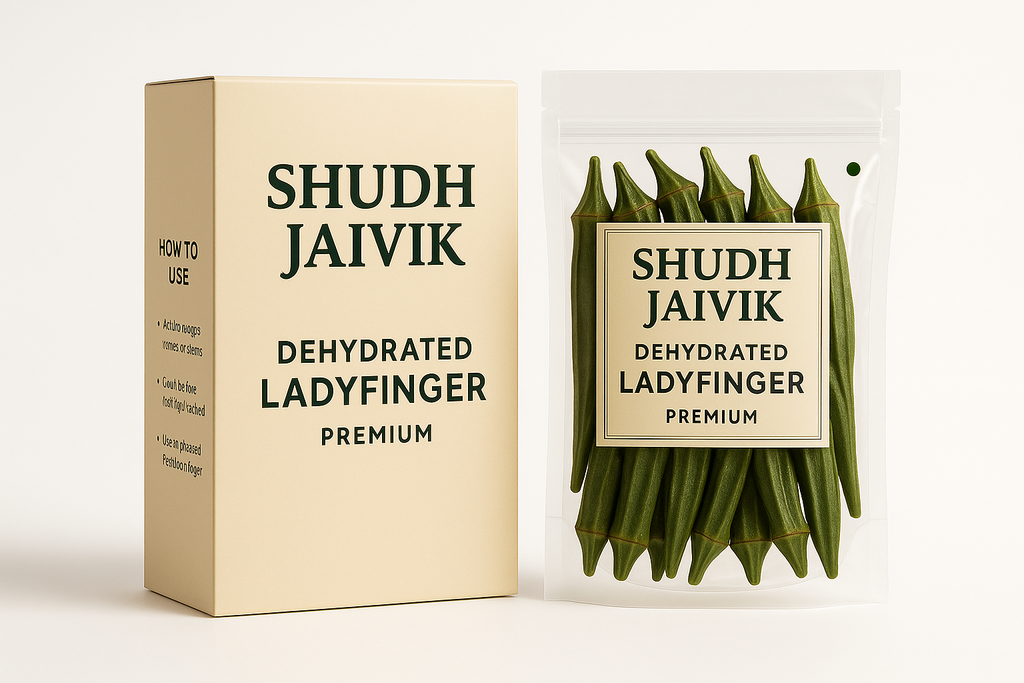 Shudh Jaivik Dehydrated Ladyfinger with outer packaging carton box showing front and usage sides