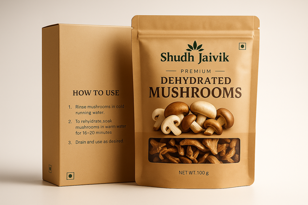 Shudh Jaivik Dehydrated Mushrooms - Product with Packaging Box