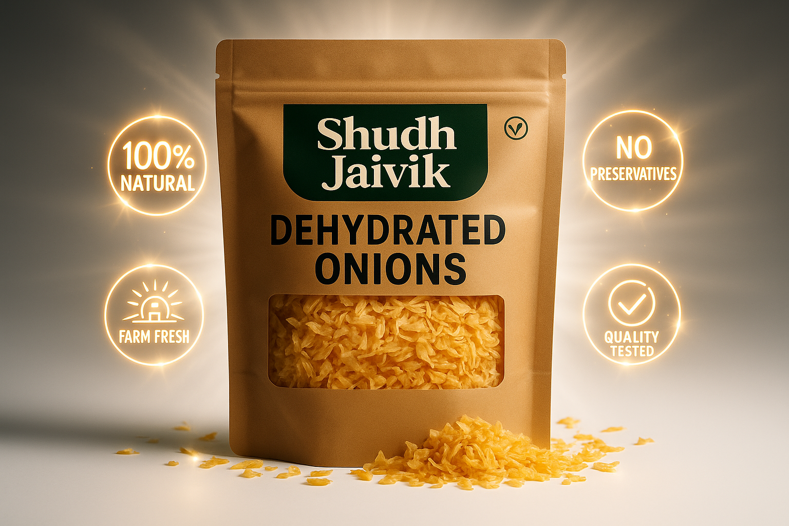 Shudh Jaivik Dehydrated Onions - Trust Badges with Light Flares