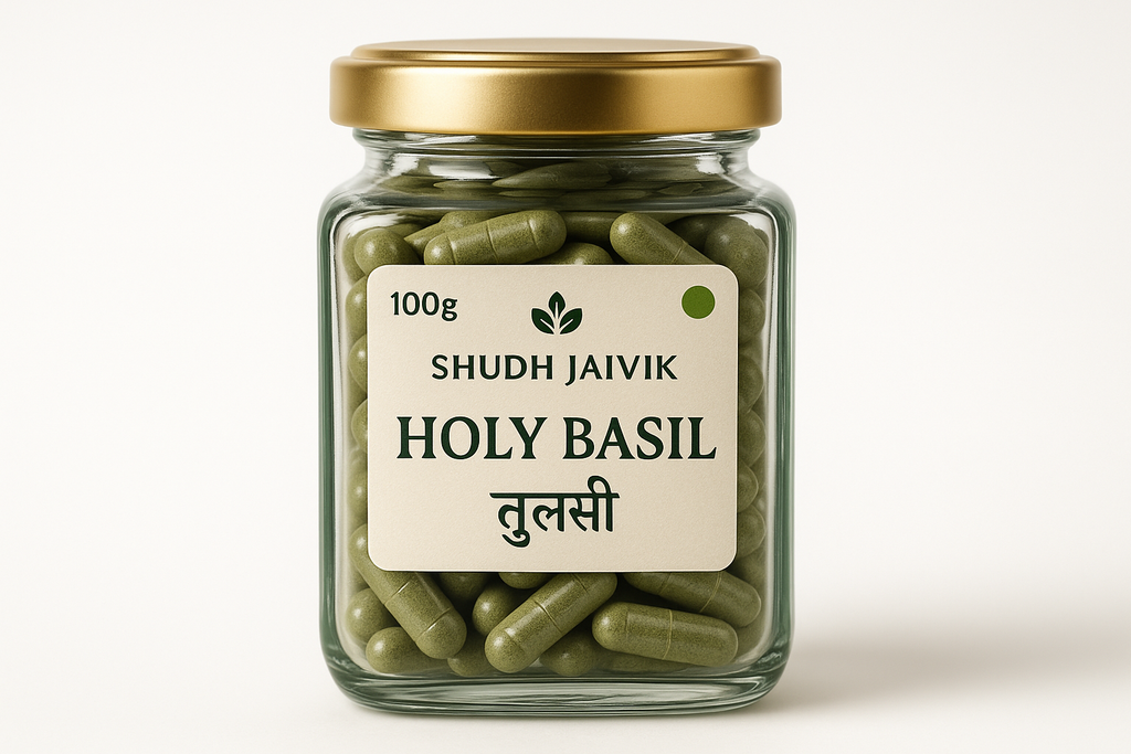 Shudh Jaivik Holy Basil Premium Glass Jar - Front View