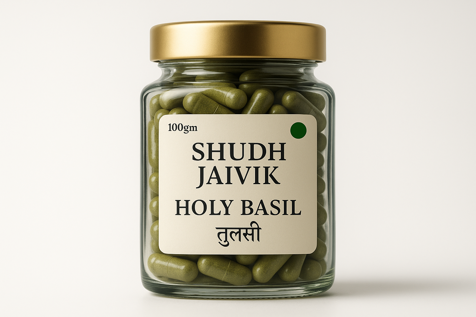 Shudh Jaivik Holy Basil Premium Glass Jar - Front View