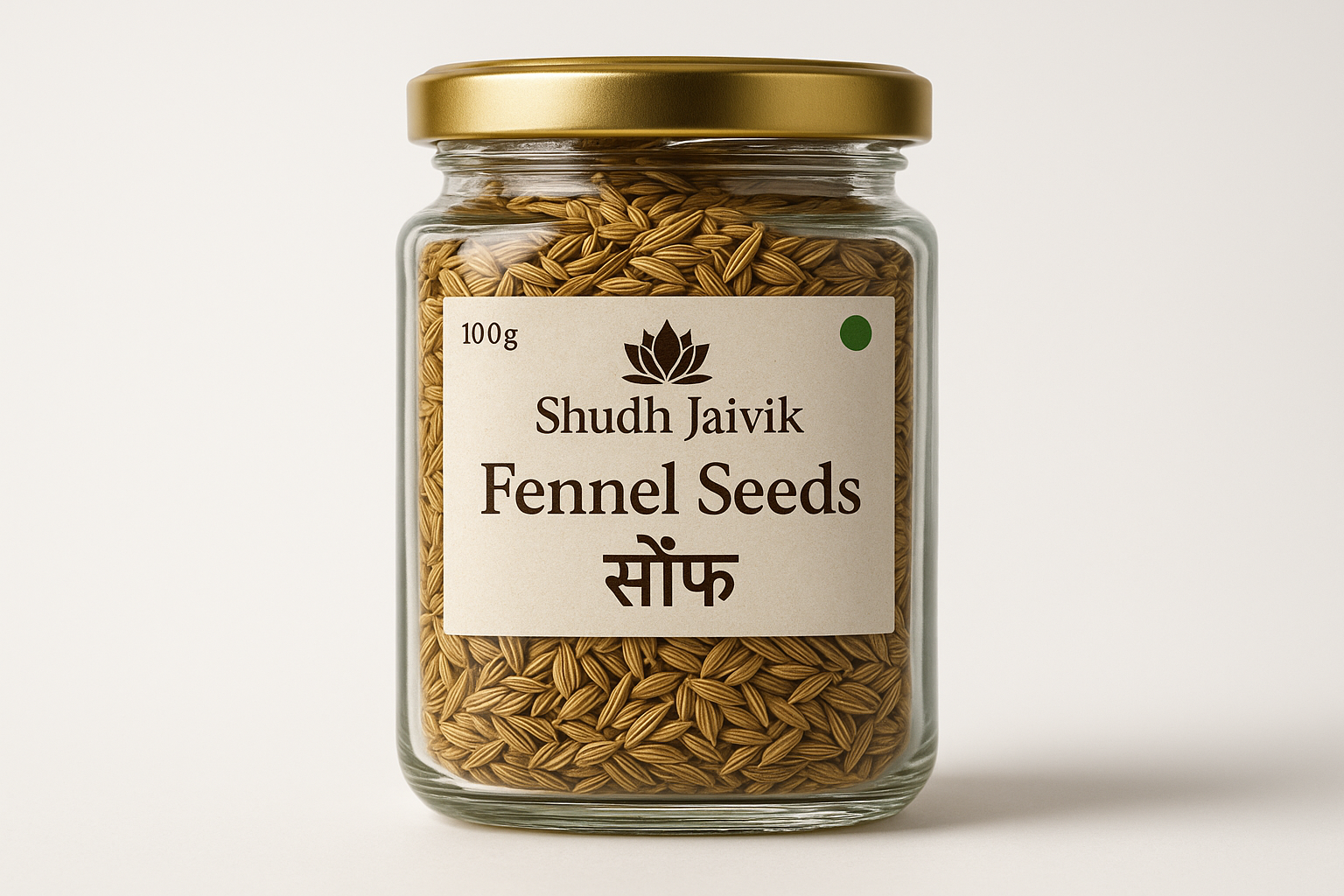 Shudh Jaivik Premium Fennel Seeds Glass Jar - Front View