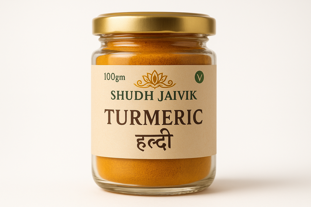 Shudh Jaivik Premium Turmeric Glass Jar - Front View
