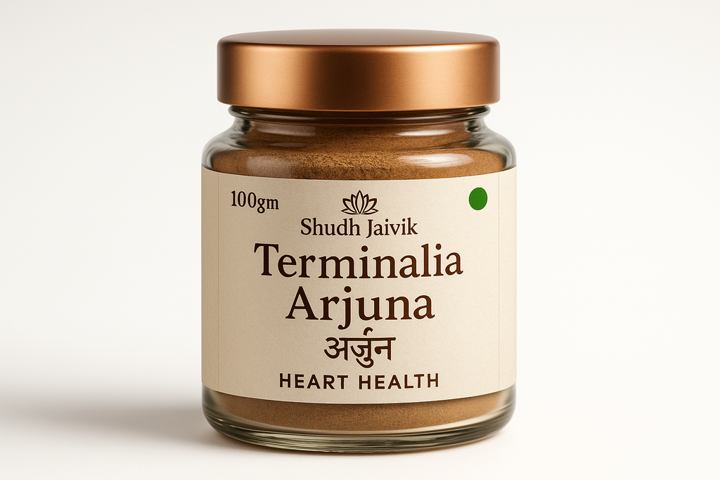 Shudh Jaivik Terminalia Arjuna Premium Glass Jar Packaging