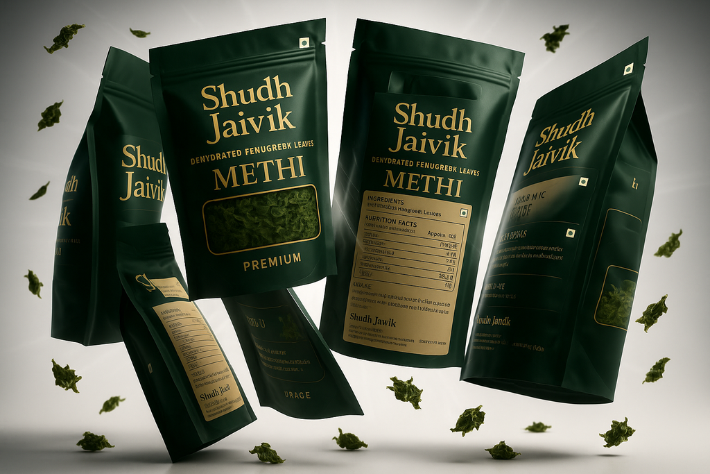 Super creative 3D model showcase of Shudh Jaivik Dehydrated Fenugreek Leaves