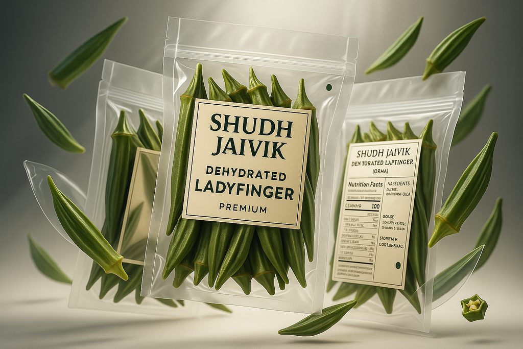 Super creative 3D model visualization of Shudh Jaivik Dehydrated Ladyfinger with dynamic cinematic composition