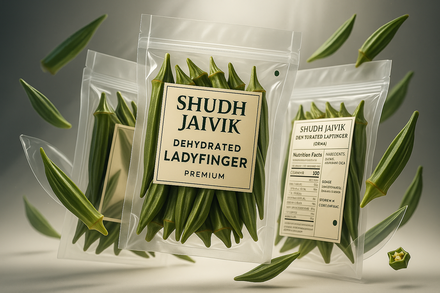 Super creative 3D model visualization of Shudh Jaivik Dehydrated Ladyfinger with dynamic cinematic composition